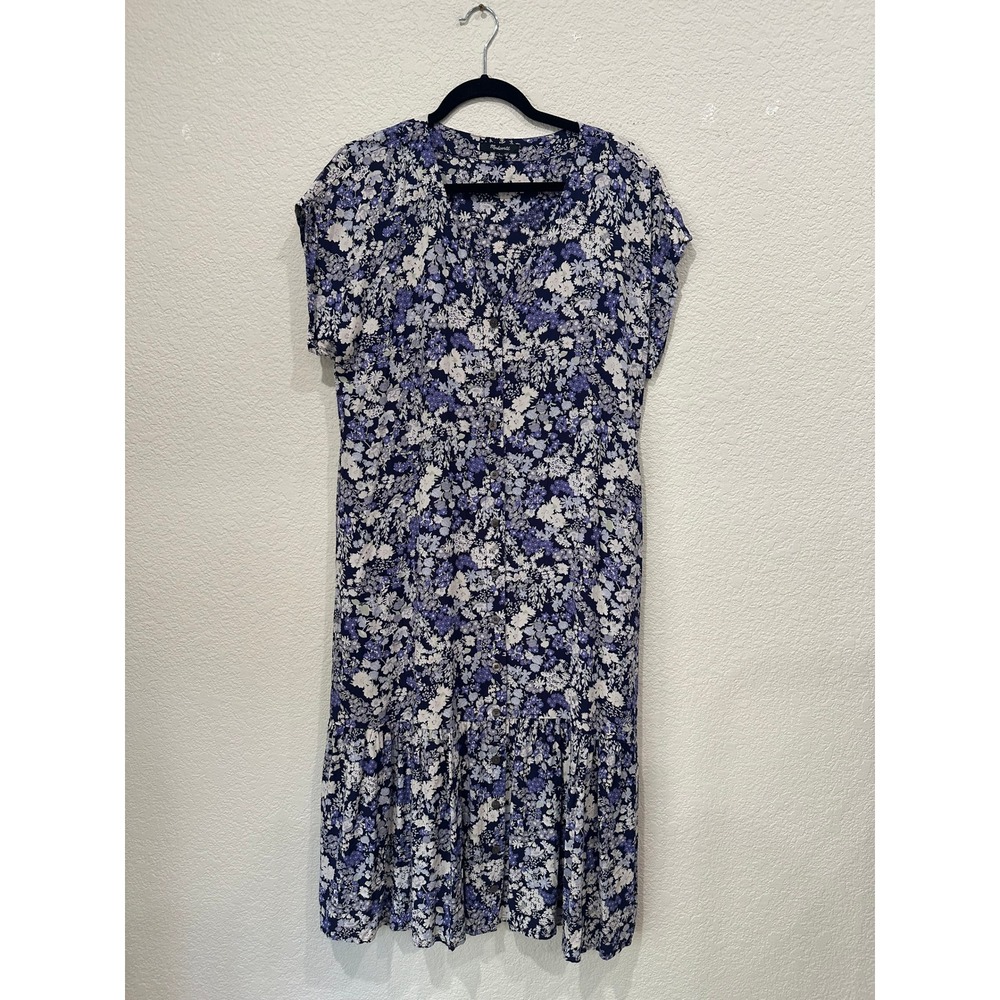 Madewell Blue Floral Button Front Midi Dress Lenzing Viscose Pockets Large